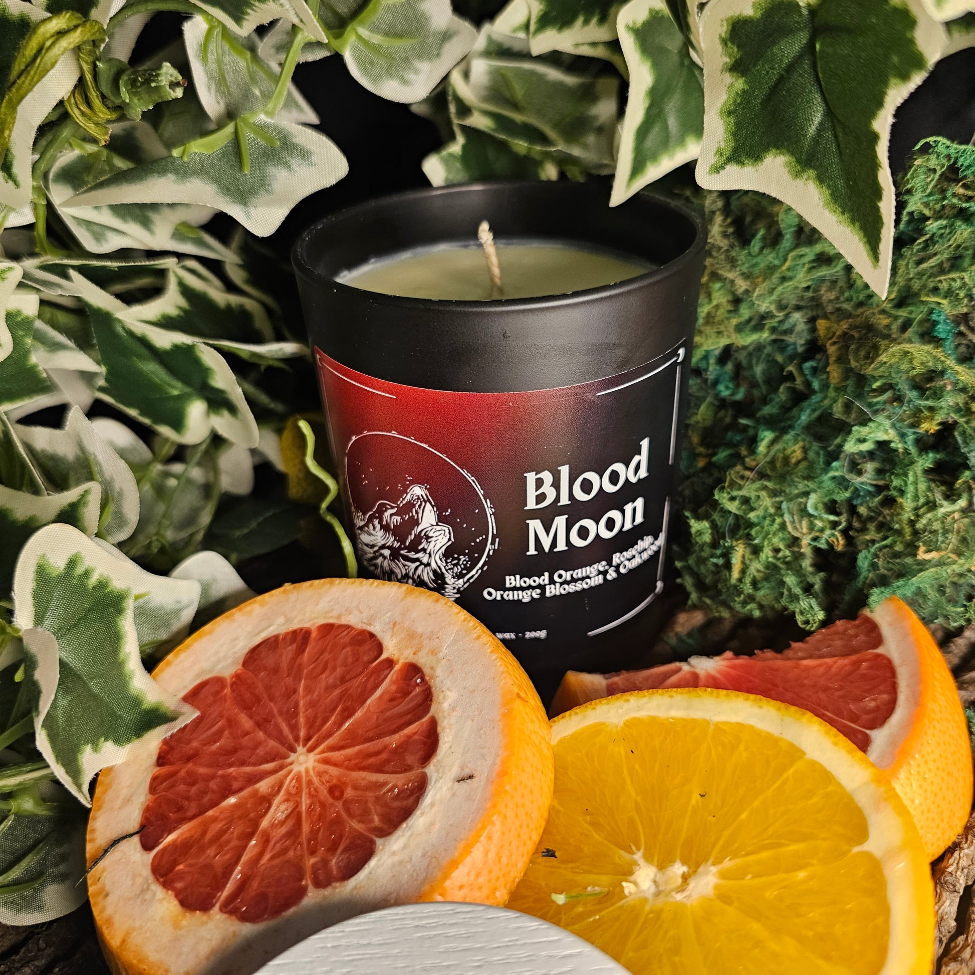 A candle in a black glass container surrounded by greenery and slices of bloodorange 