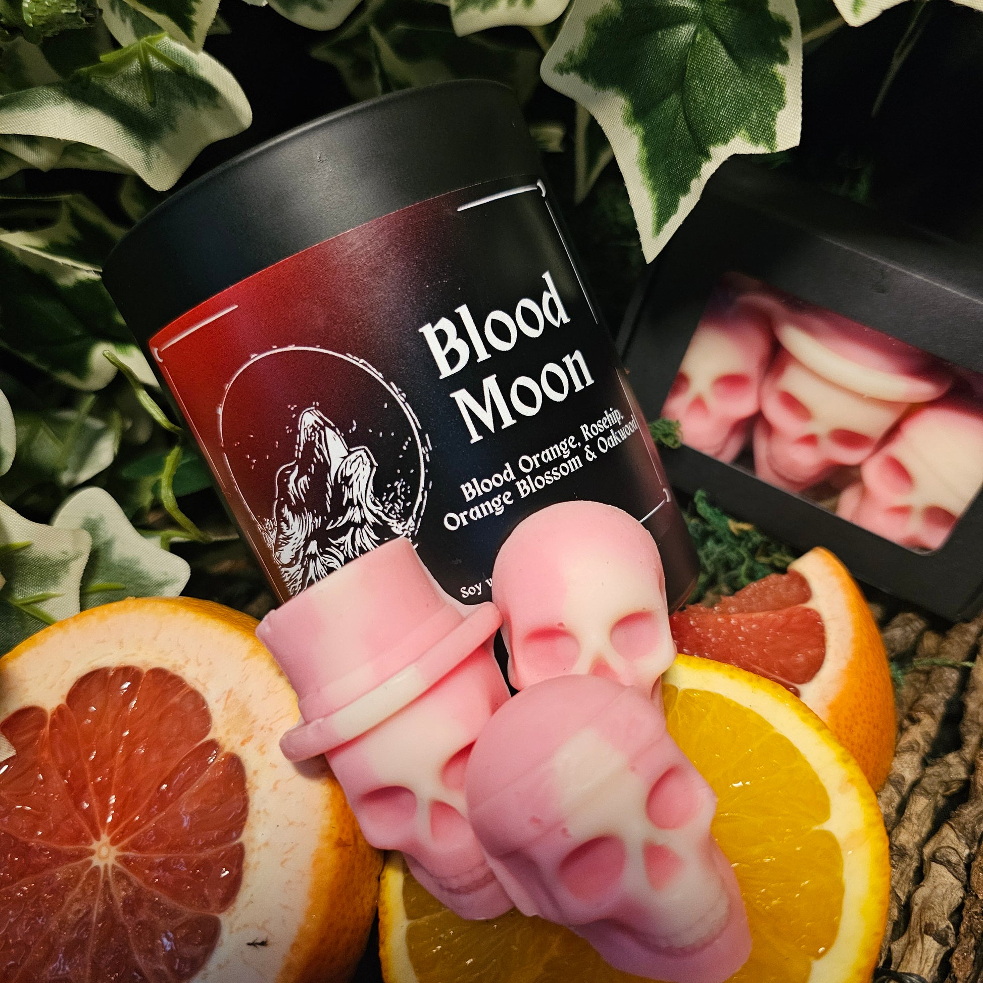 Dark Container Candle labelled "Blood moon" and Skull shaped wax melts sitting on a dark background surrounded by blood orange and ivy leaves 