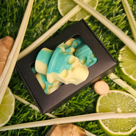 A skull-shaped wax melt, with a green and yellow design, presented in a black box, surrounded by lime slices and ginger roots.