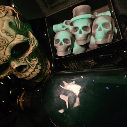 An open box of Black magic Skull shaped Wax Melts beside a skull ornament and green potion bottle 
