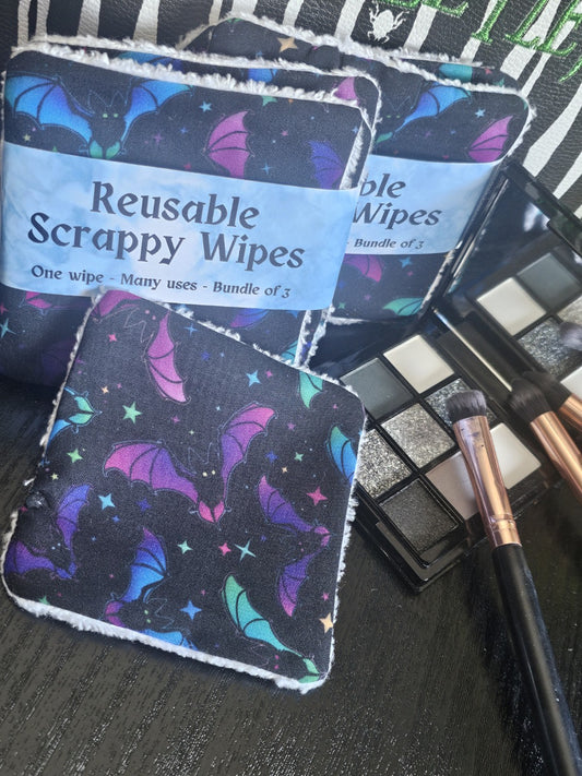 Reusable scrappy wipes with Multicolour bat design on a makeup brush and palette background
