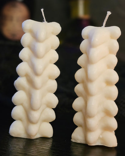 Two white spine shaped candles on a dark background