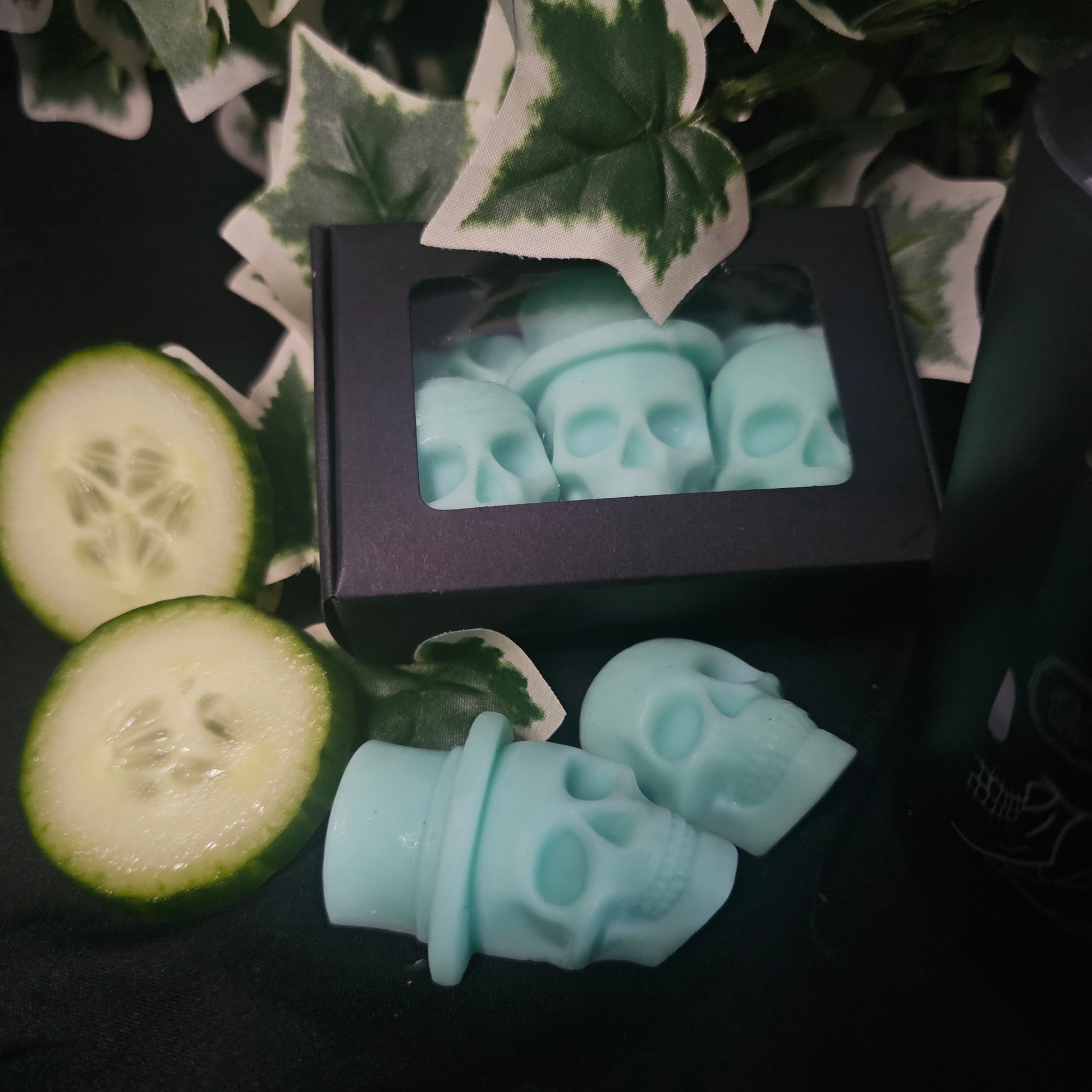 Skull shaped wax melts in a box, on a dark background surrounded with ivy and cucumber slices