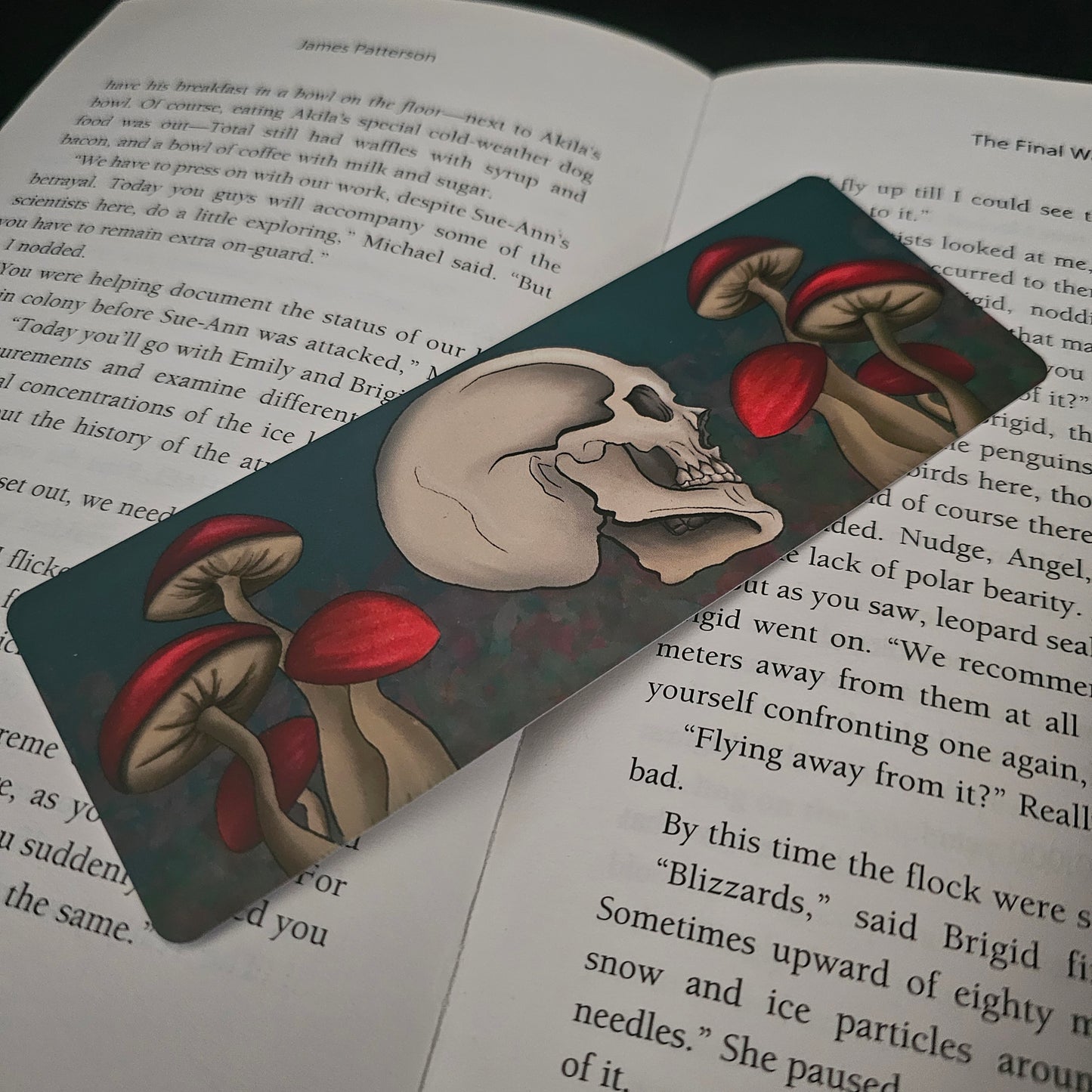 A bookmark with a gothic design, featuring a skull and red-capped mushrooms, placed on an open book.